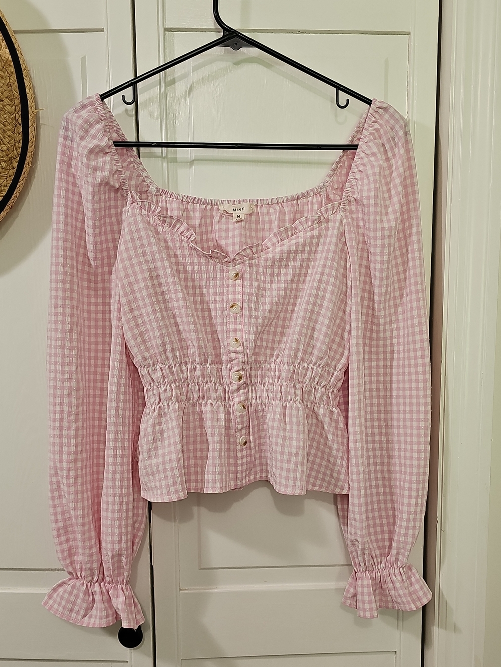 Light Pink Gingham Peasant Blouse with Button Front